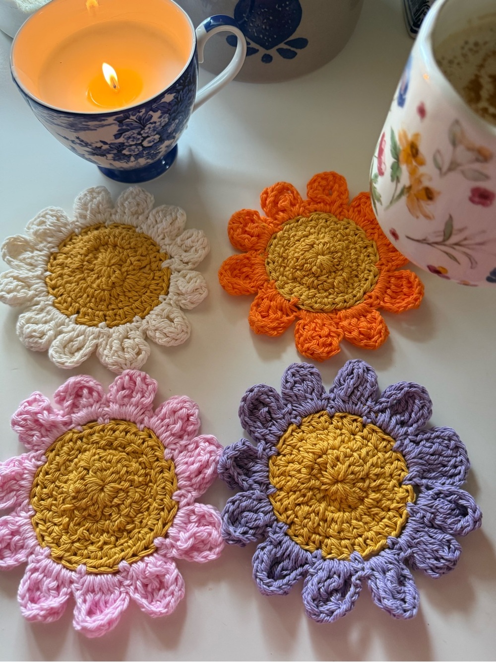 Handmade Crochet Flower Coasters Set of 4 Boho Cottagecor - Picture 5 of 7